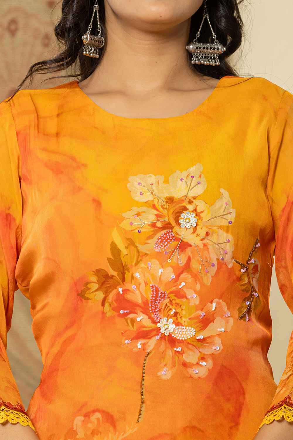 Orange Floral Print Sequins Work Organza Kurta Set