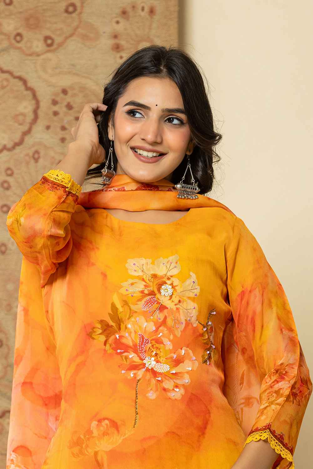 Orange Floral Print Sequins Work Organza Kurta Set