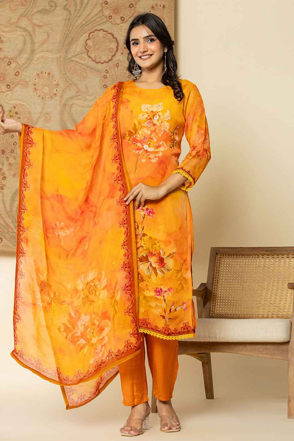 Orange Floral Print Sequins Work Organza Kurta Set