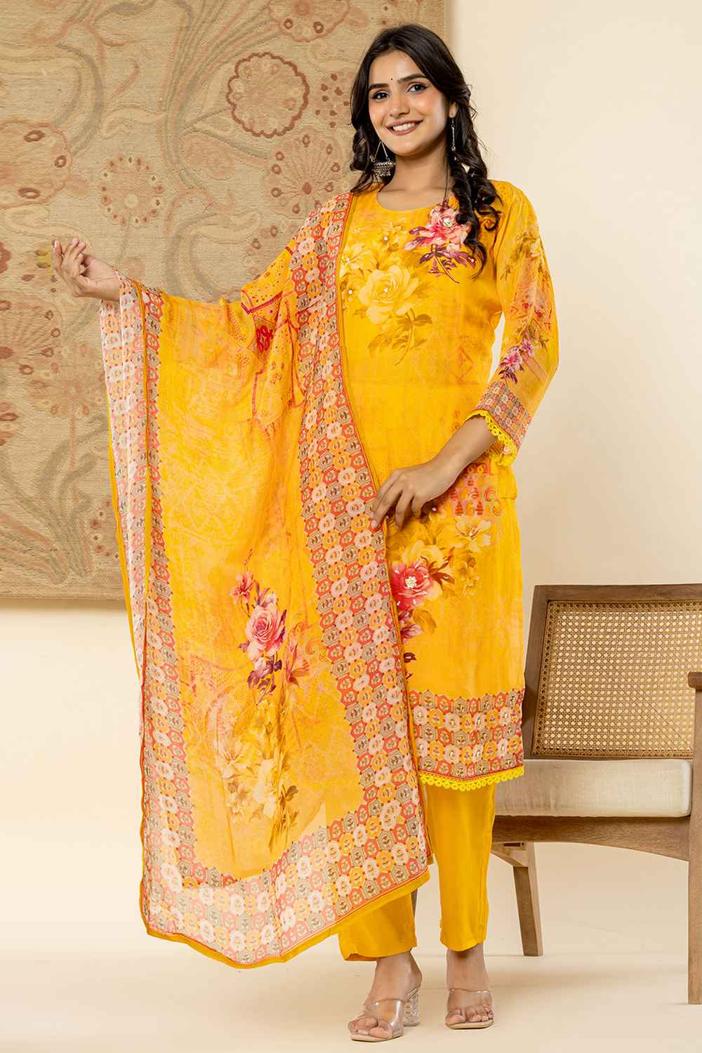 Yellow Floral Print Sequins Work Organza Kurta Set