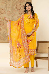 Yellow Floral Print Sequins Work Organza Kurta Set