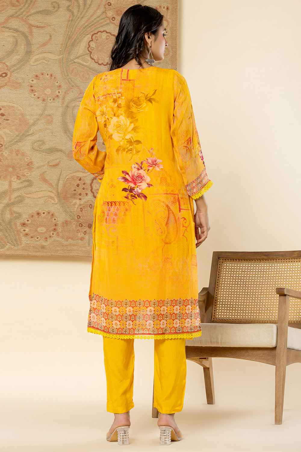 Yellow Floral Print Sequins Work Organza Kurti Set