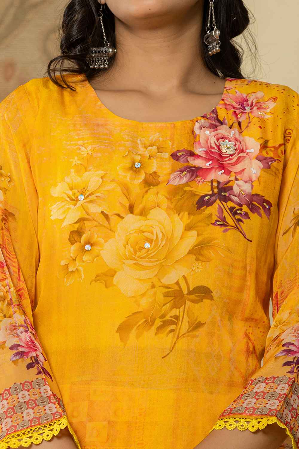 Yellow Floral Print Sequins Work Organza Kurta Set