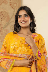 Yellow Floral Print Sequins Work Organza Kurta Set