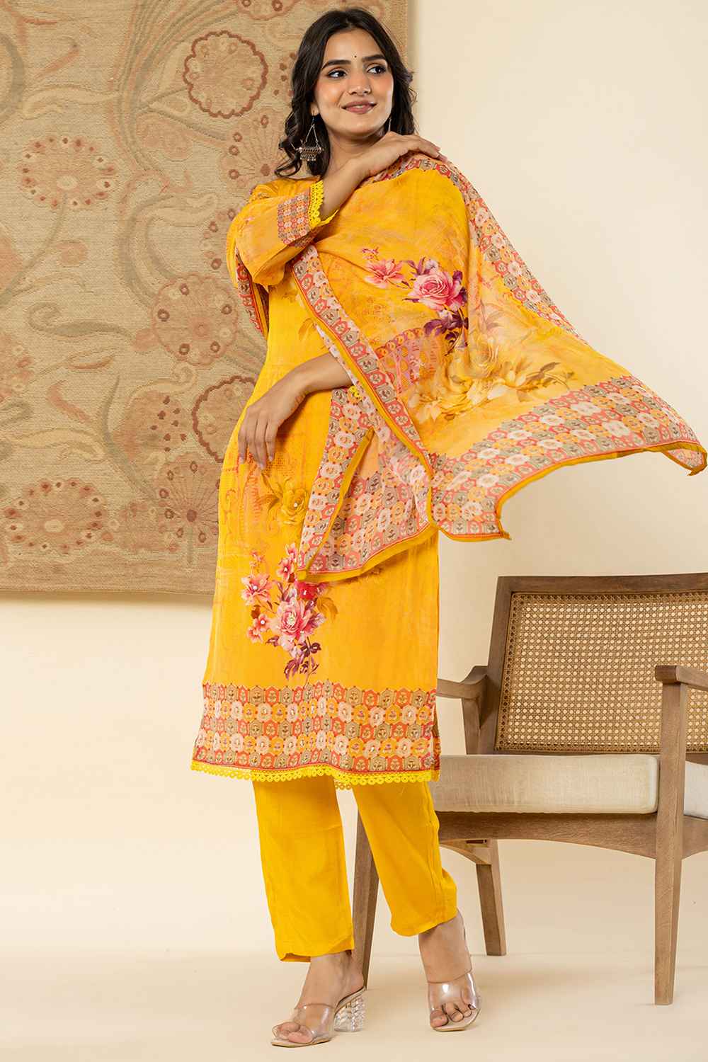 Yellow Floral Print Sequins Work Organza Kurti Set