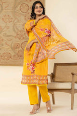 Yellow Floral Print Sequins Work Organza Kurta Set