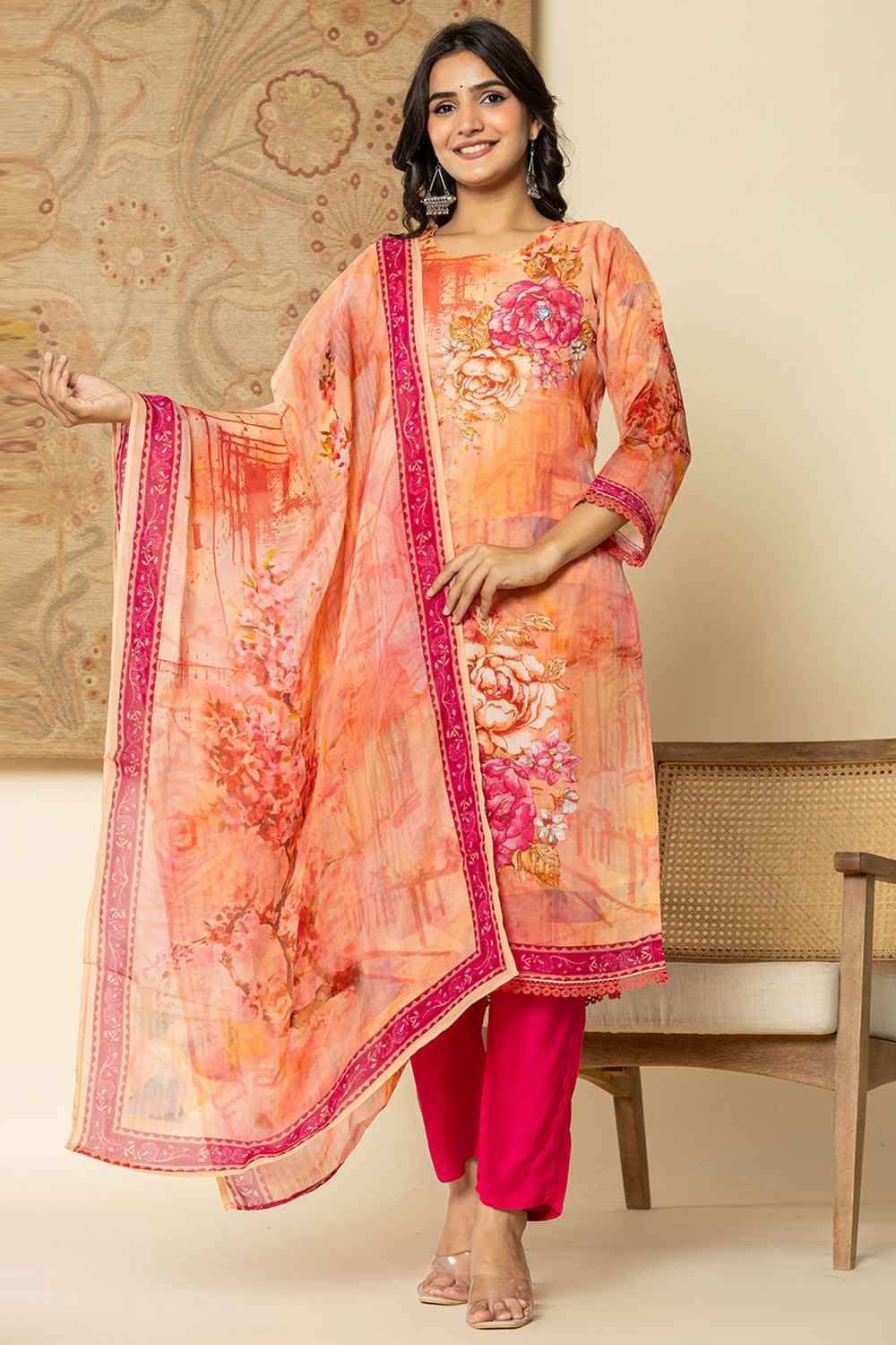 Pink Floral Print Sequins Work Organza Kurta Set