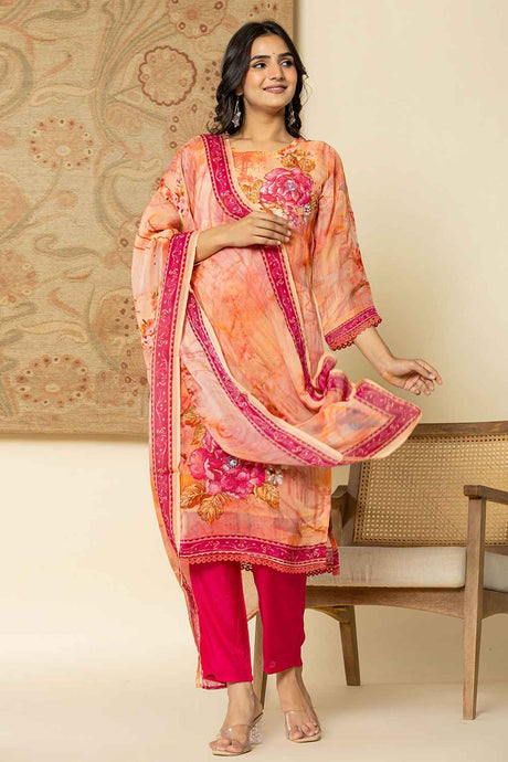 Pink Floral Print Sequins Work Organza Kurta Set