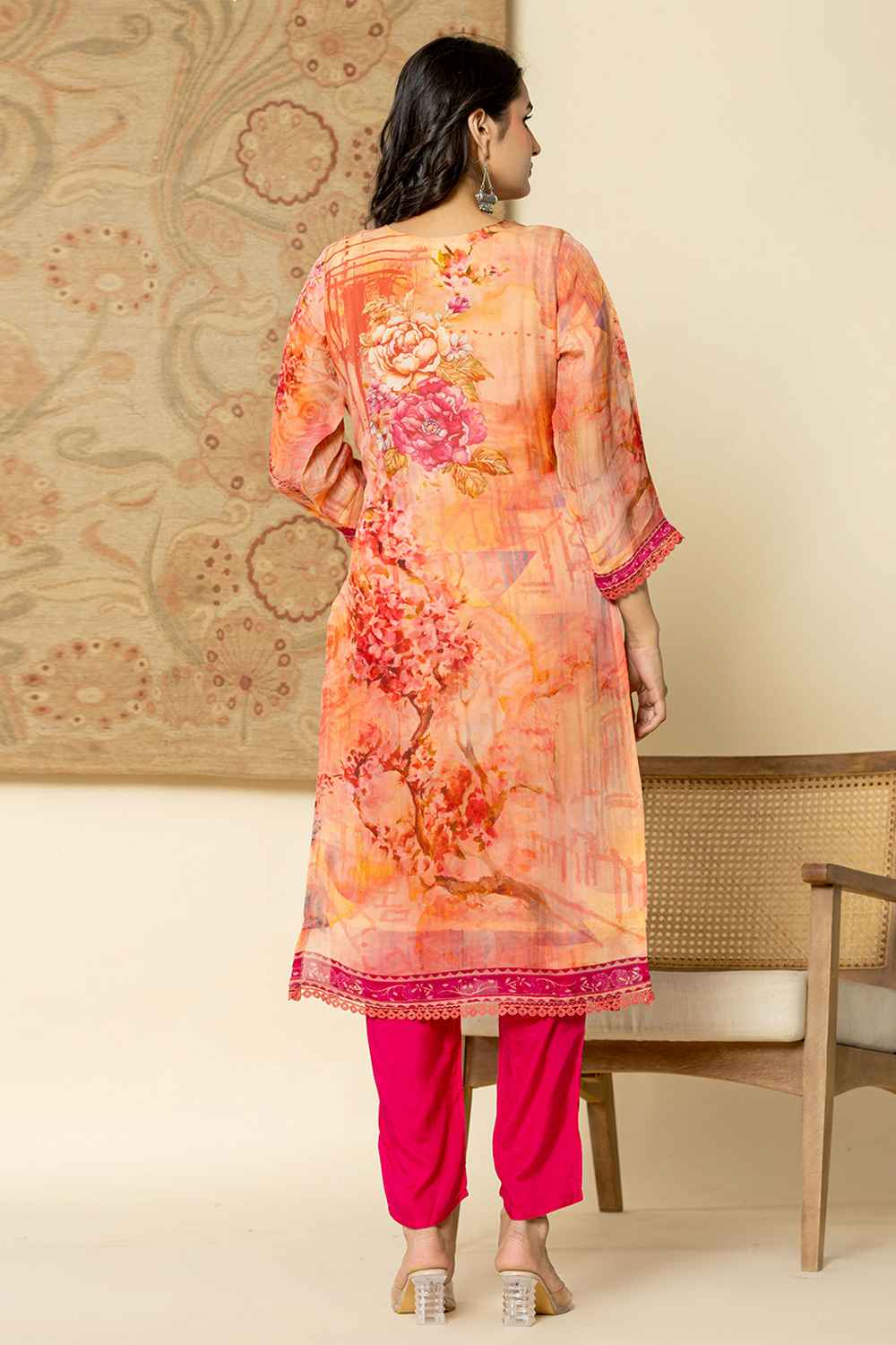 Pink Floral Print Sequins Work Organza Kurta Set