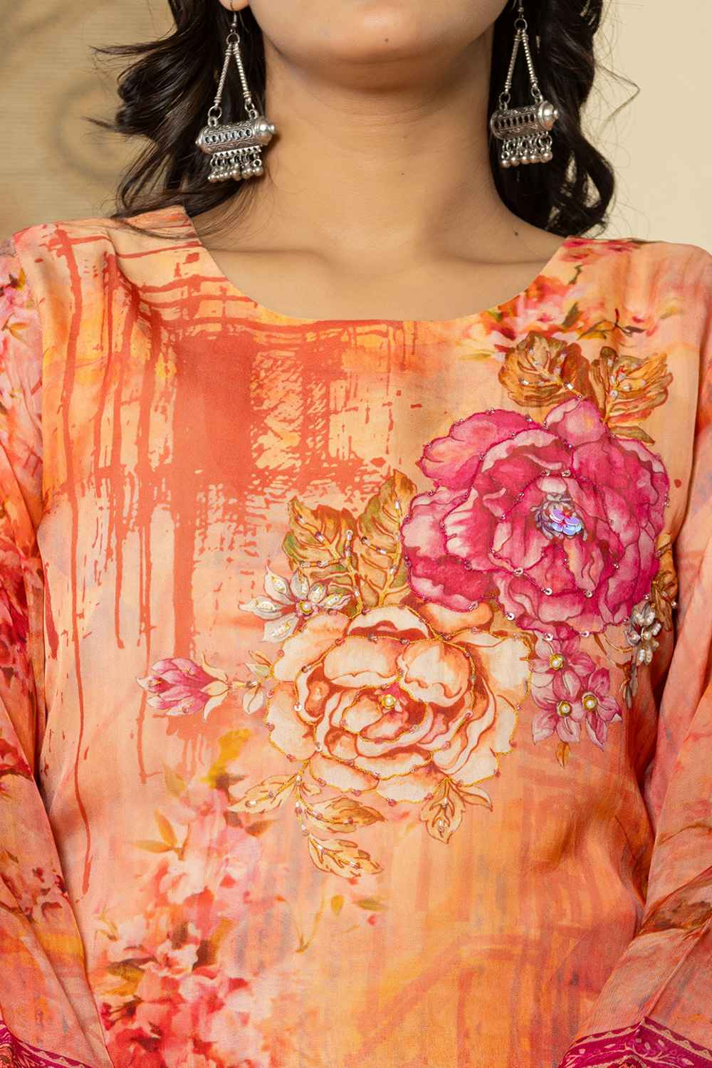 Pink Floral Print Sequins Work Organza Kurta Set