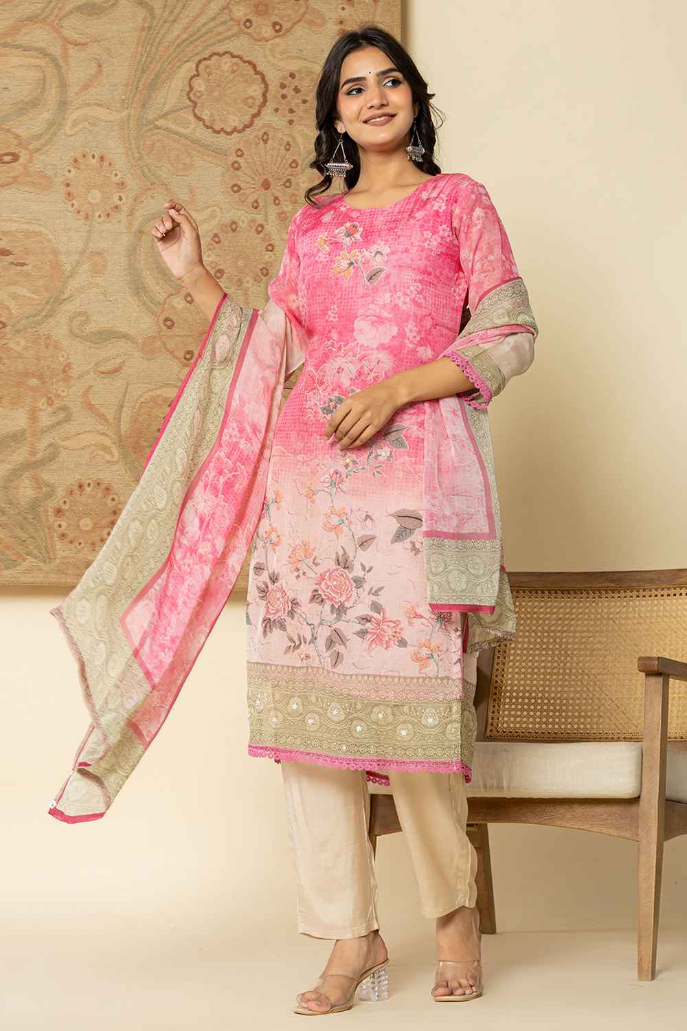 Pink Floral Print Sequins Work Organza Kurta Set