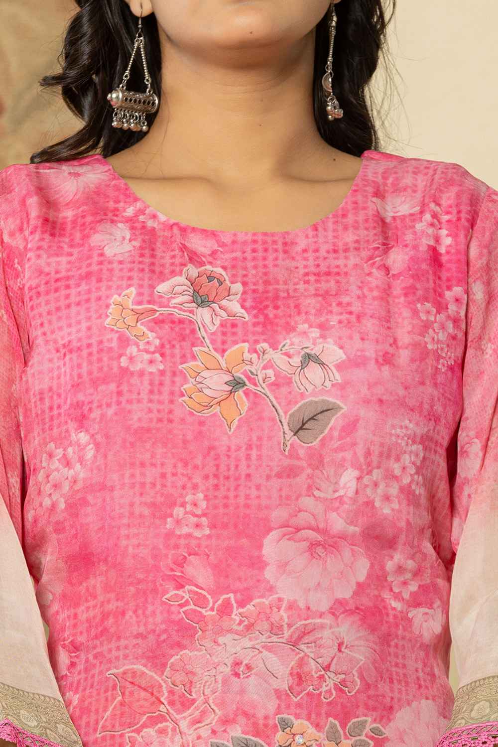 Pink Floral Print Sequins Work Organza Kurti Set