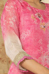 Pink Floral Print Sequins Work Organza Kurti Set