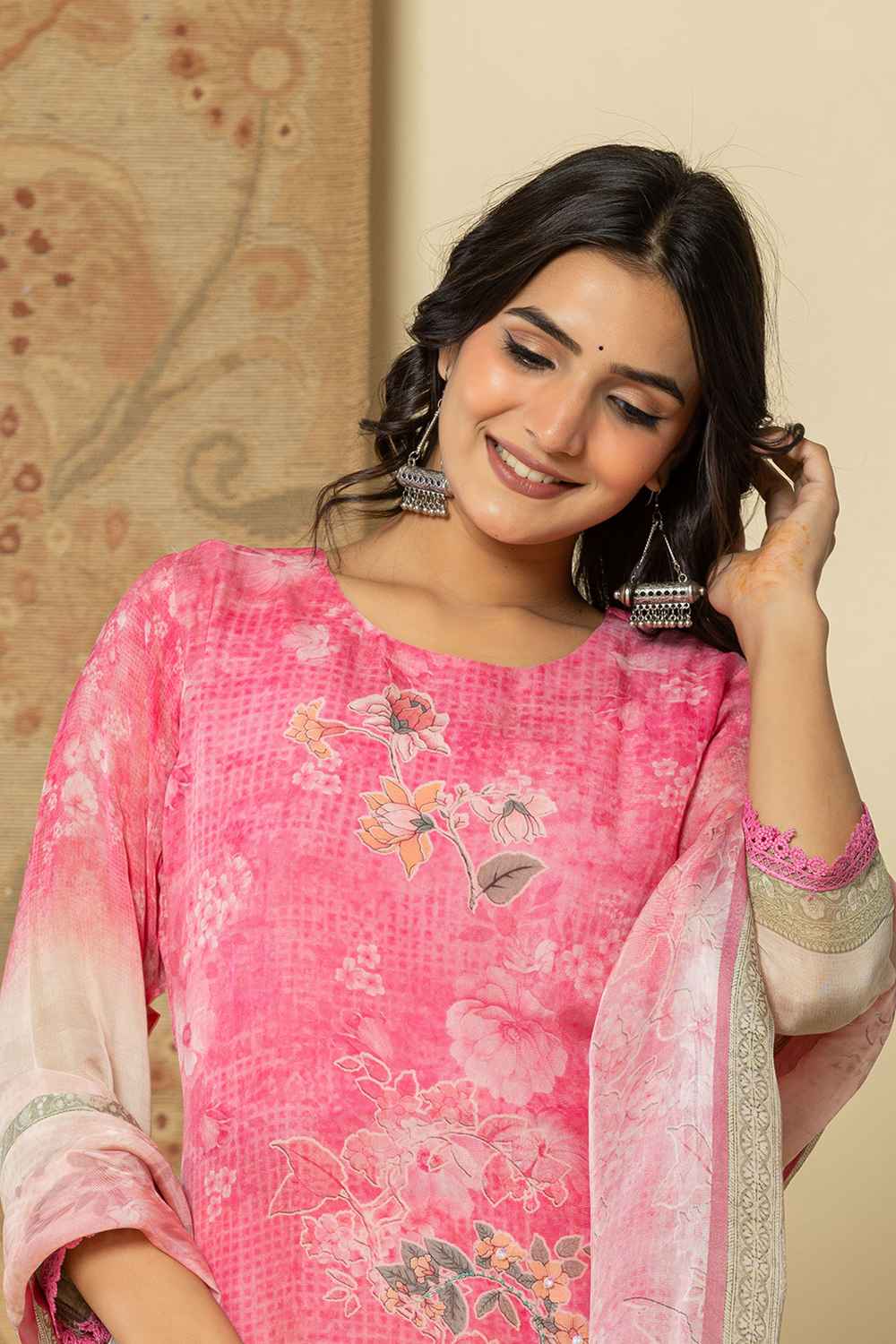 Pink Floral Print Sequins Work Organza Kurta Set