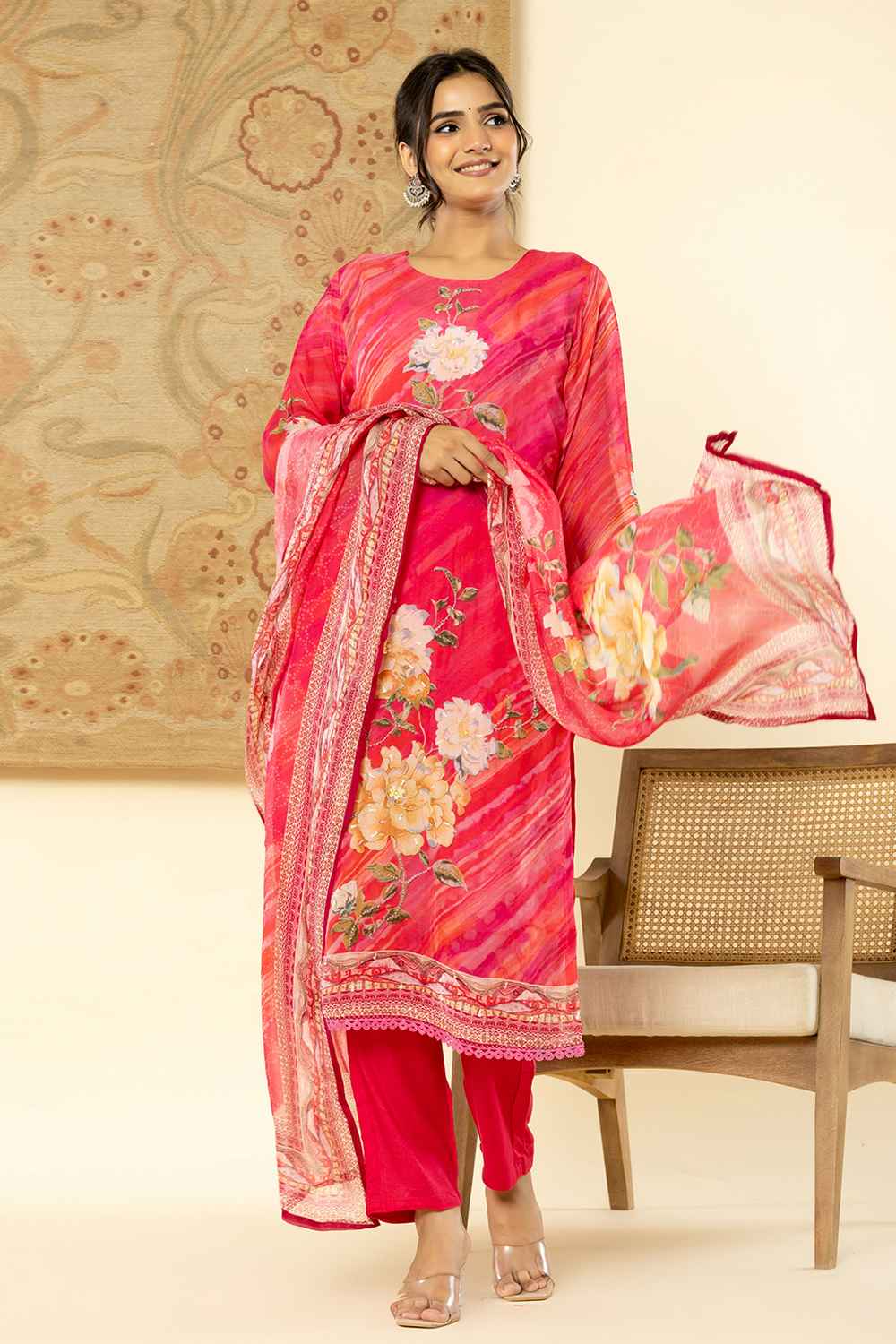 Pink Floral Print Beads and Stones Embossed Organza Kurta Set