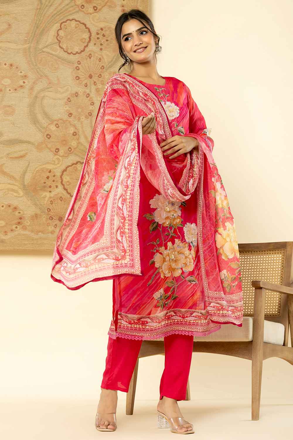 Pink Floral Print Beads and Stones Embossed Organza Kurta Set