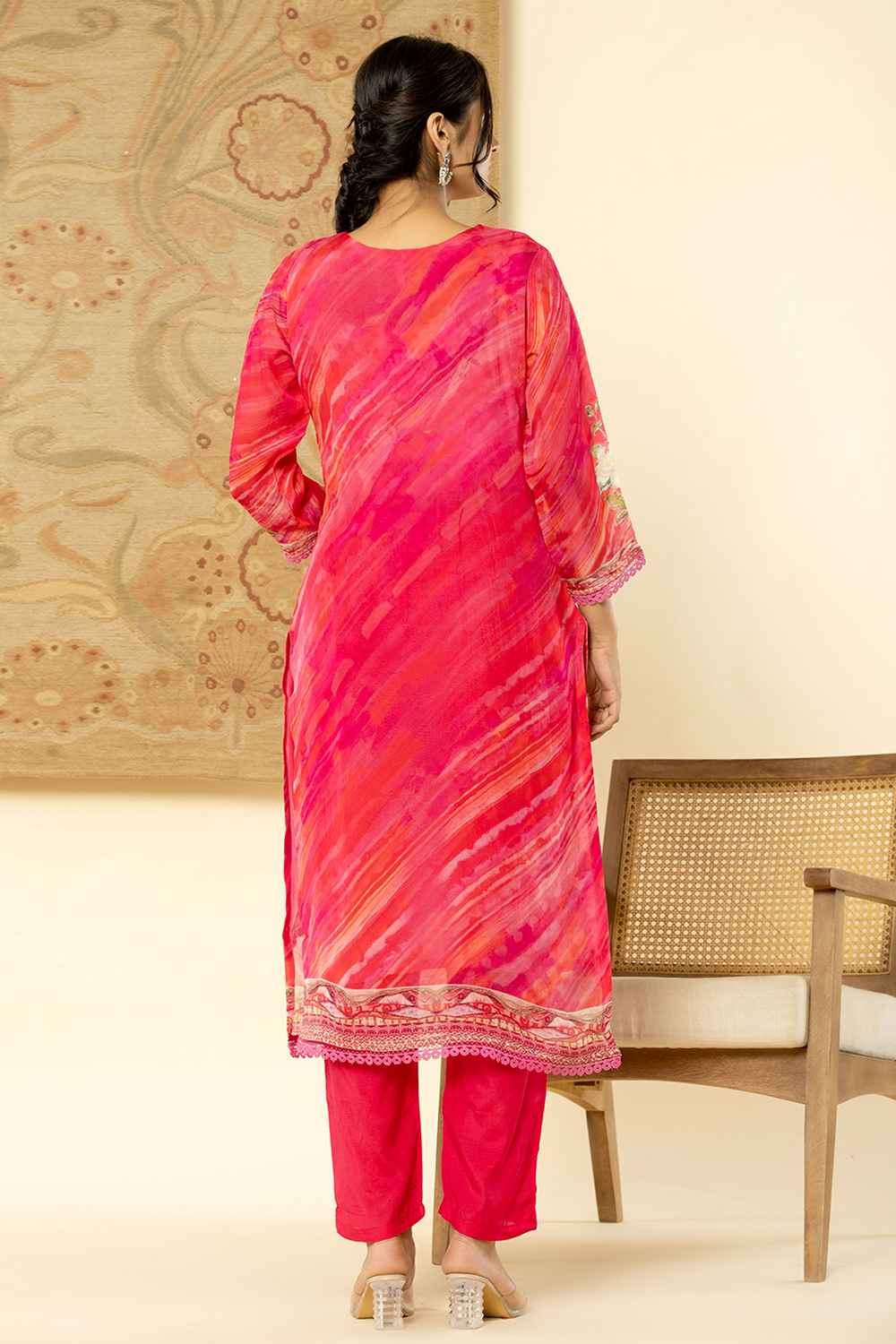 Pink Floral Print Beads and Stones Embossed Organza Kurta Set