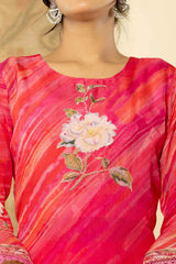 Pink Floral Print Beads and Stones Embossed Organza Kurta Set