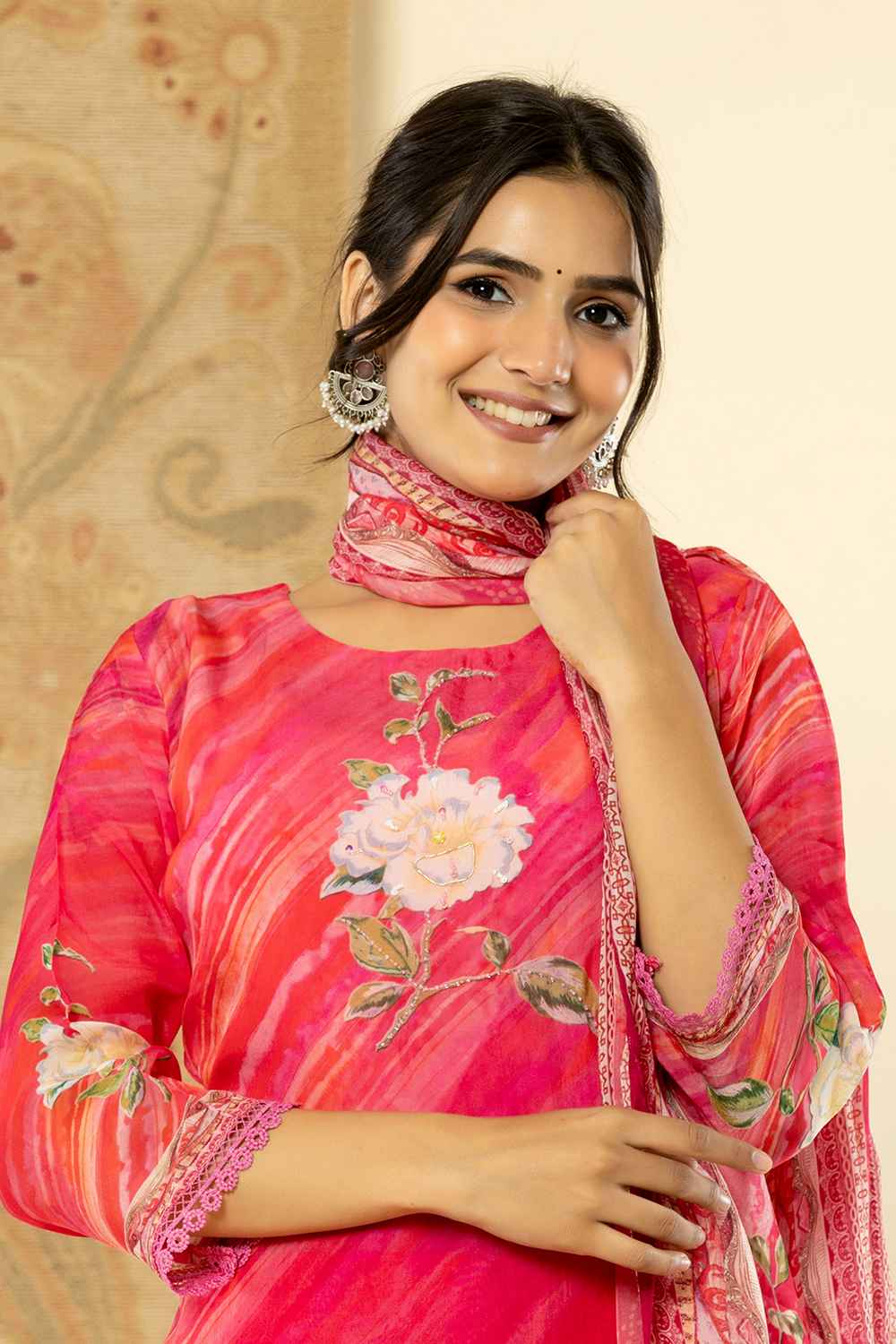 Pink Floral Print Beads and Stones Embossed Organza Kurti Set