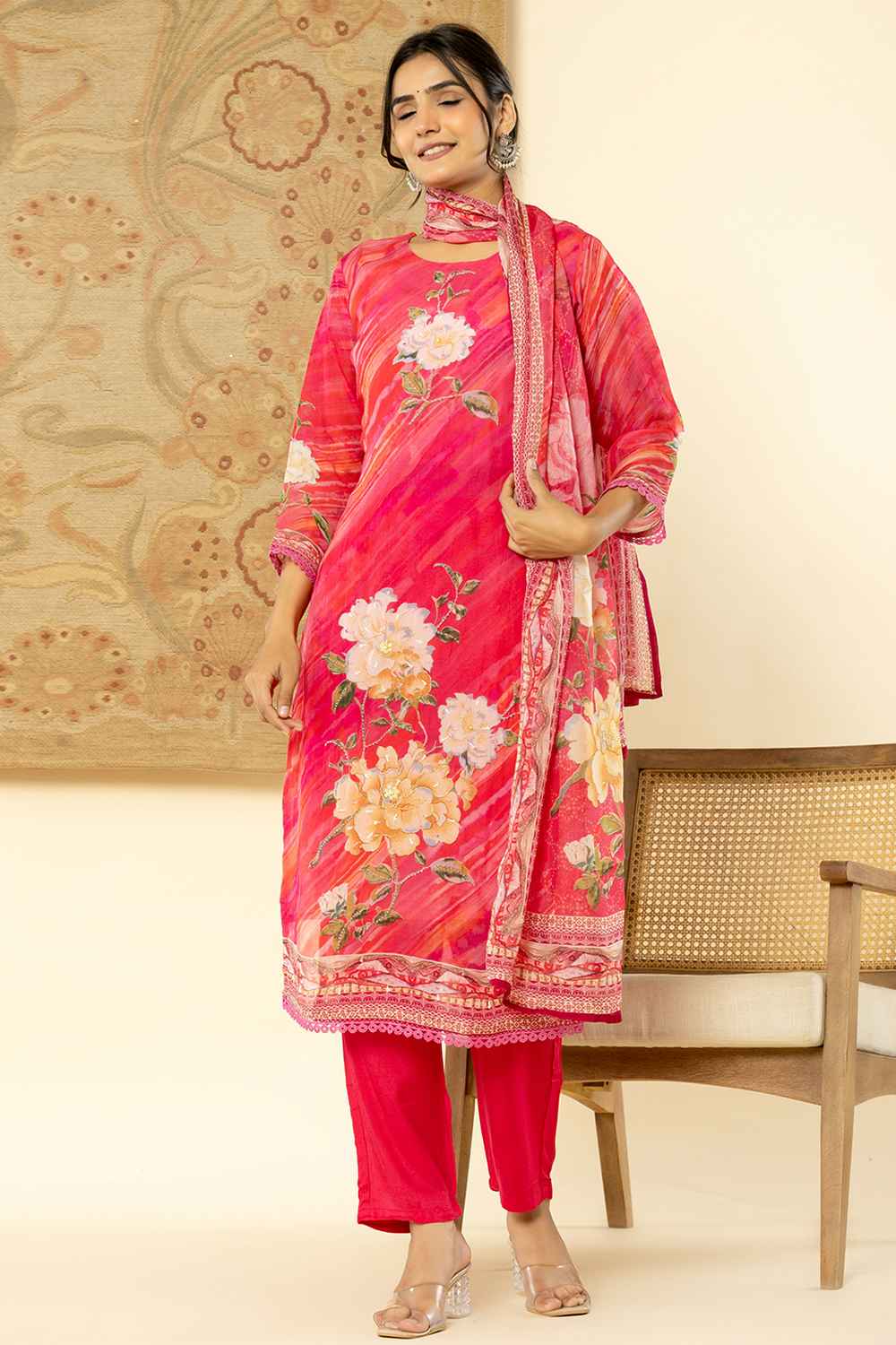 Pink Floral Print Beads and Stones Embossed Organza Kurti Set