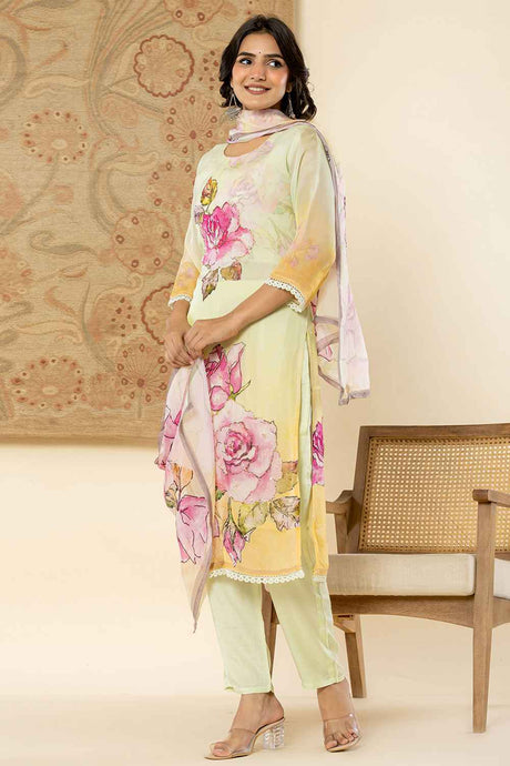 Multi-Color Floral Print Beads and Stones Embossed Organza Kurta Set