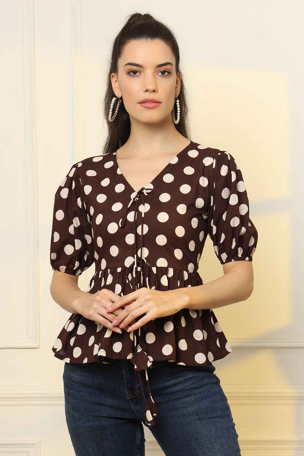 Brown Printed Pure Cotton Top