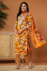 Yellow Floral Print Embroidered Pure Cotton Kurti Set