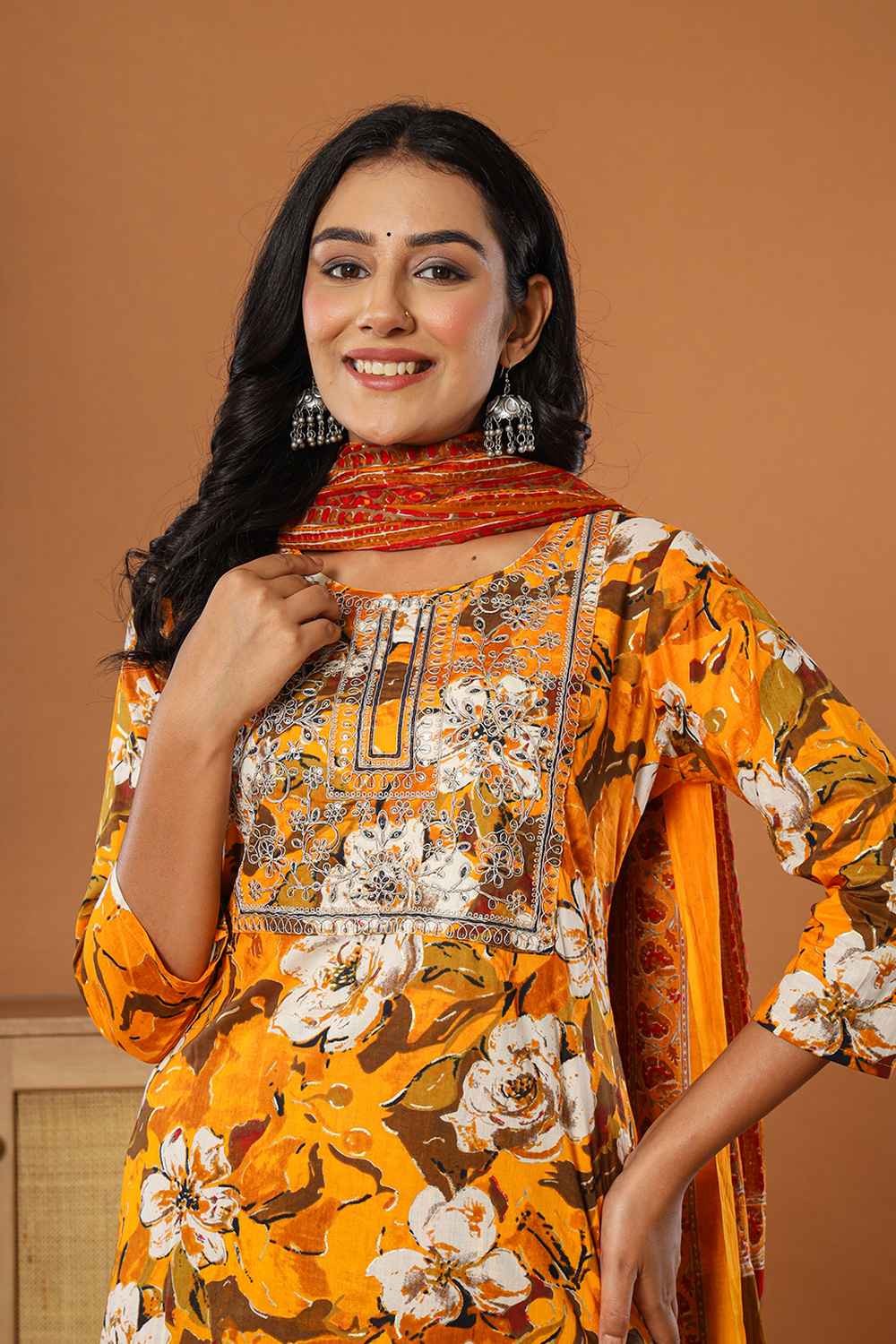 Yellow Floral Print Embroidered Pure Cotton Kurti Set