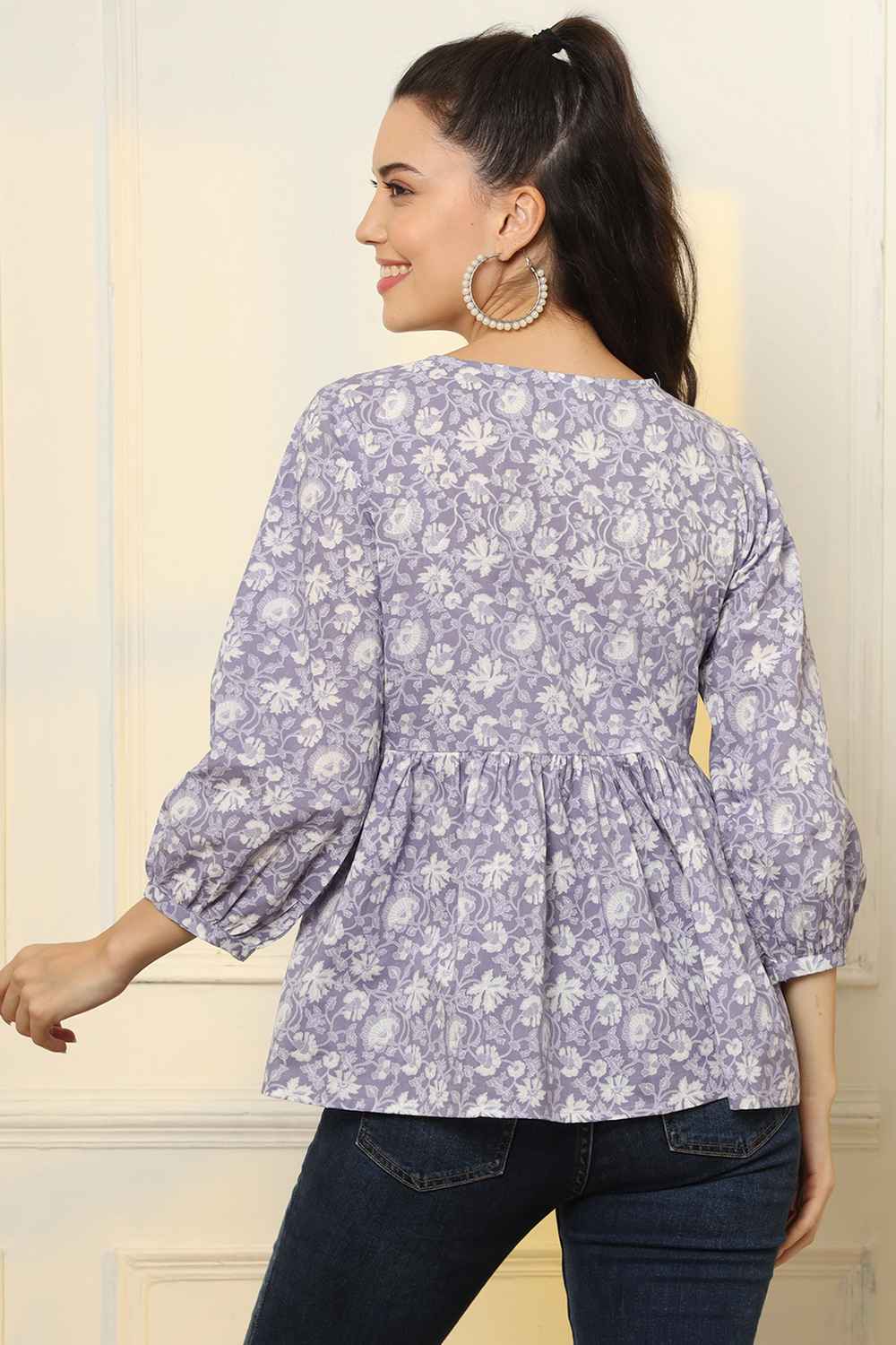 Violet Floral Print Pure Cotton Top