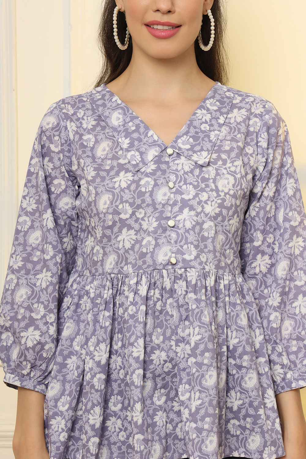 Violet Floral Print Pure Cotton Top