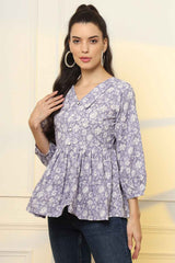 Violet Floral Print Pure Cotton Top