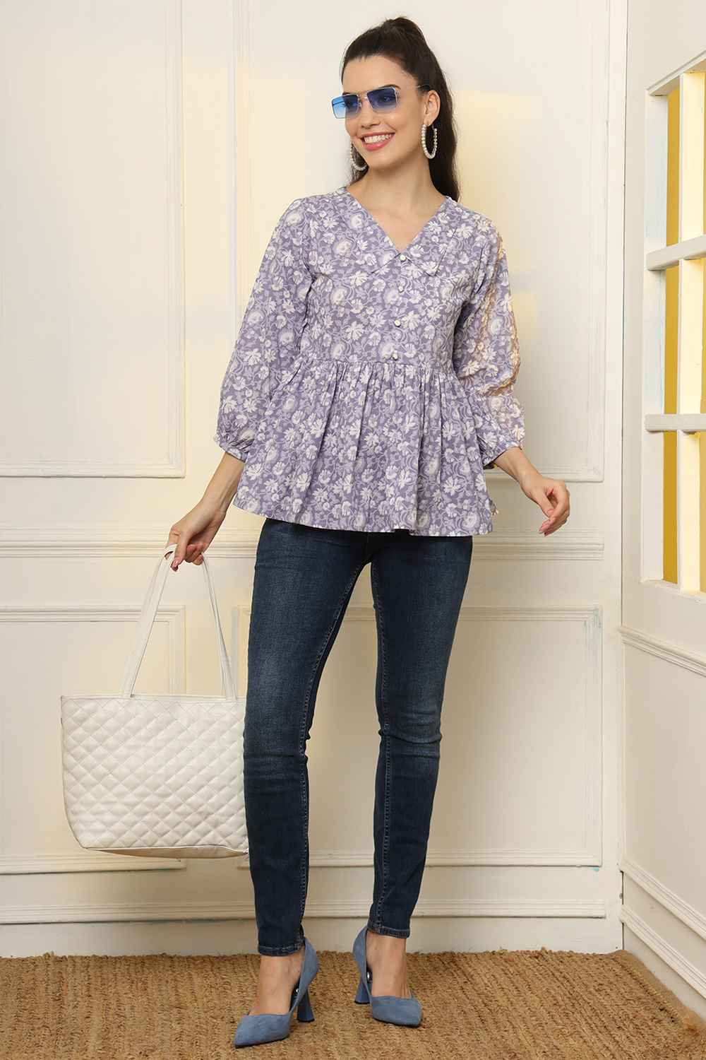 Violet Floral Print Pure Cotton Top