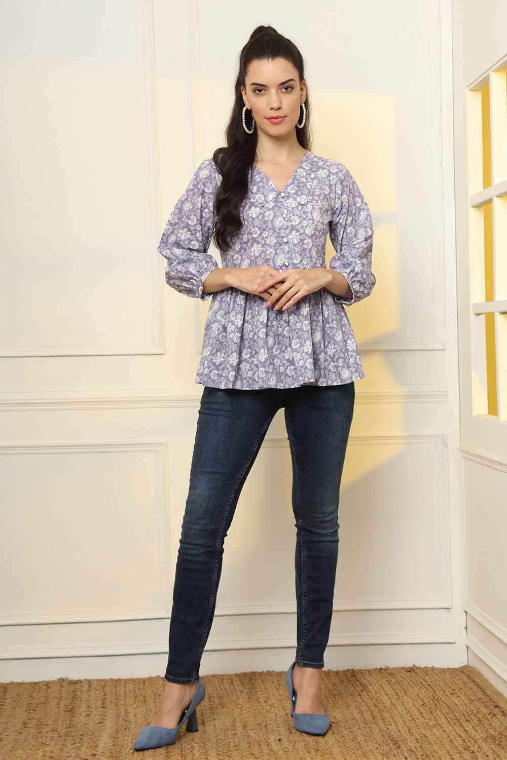 Violet Floral Print Pure Cotton Top