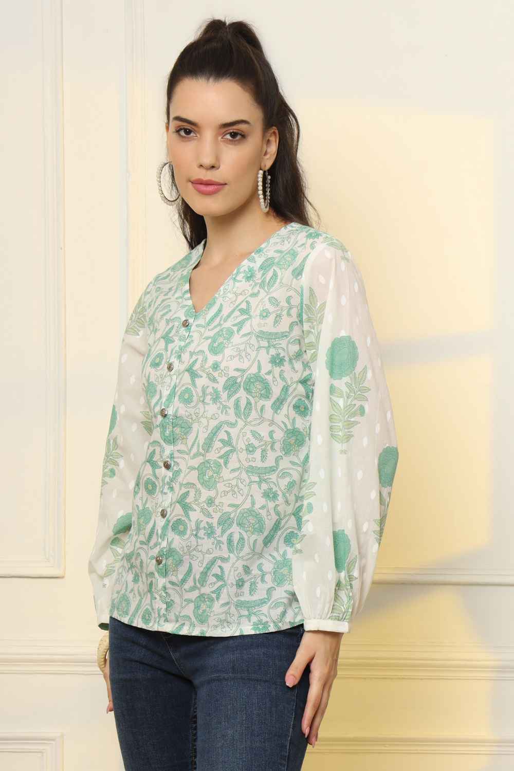 White Floral Print Pure Cotton Top