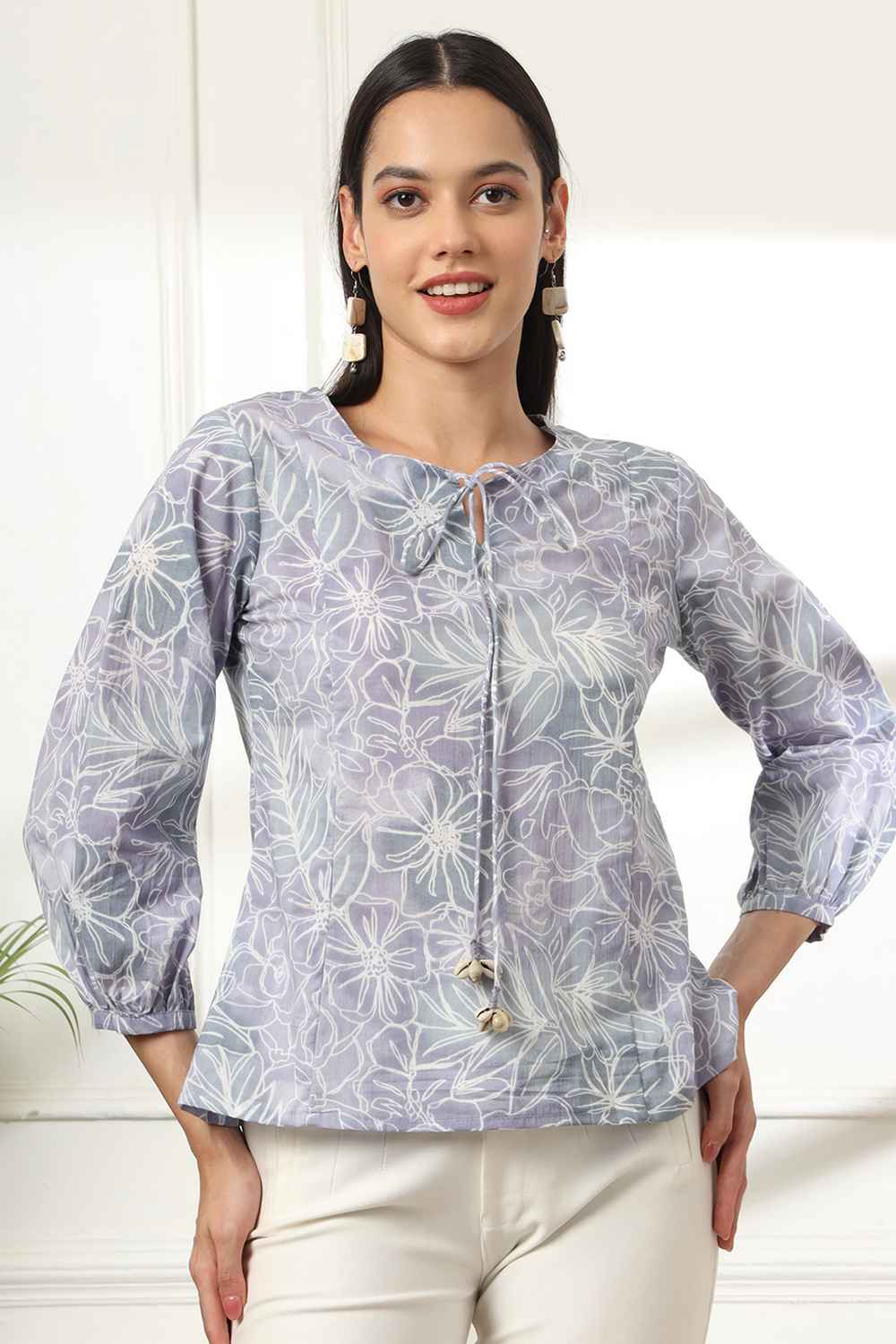 Grey Floral Print Pure Cotton Top