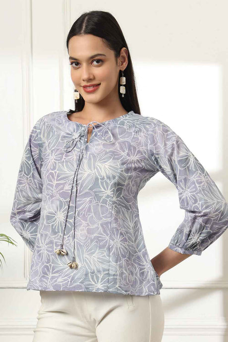 Grey Floral Print Pure Cotton Top