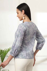 Grey Floral Print Pure Cotton Top