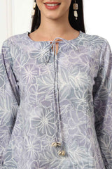 Grey Floral Print Pure Cotton Top