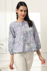 Grey Floral Print Pure Cotton Top