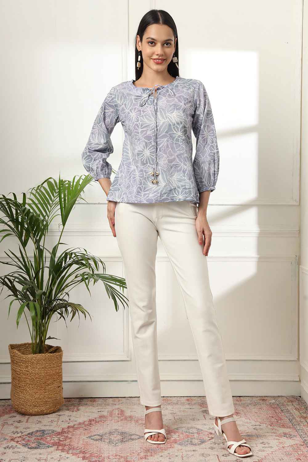 Grey Floral Print Pure Cotton Top