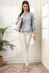 Grey Floral Print Pure Cotton Top