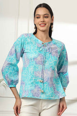 Blue Floral Print Pure Cotton Top