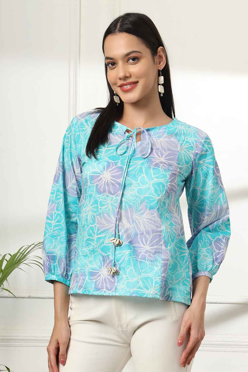 Blue Floral Print Pure Cotton Top