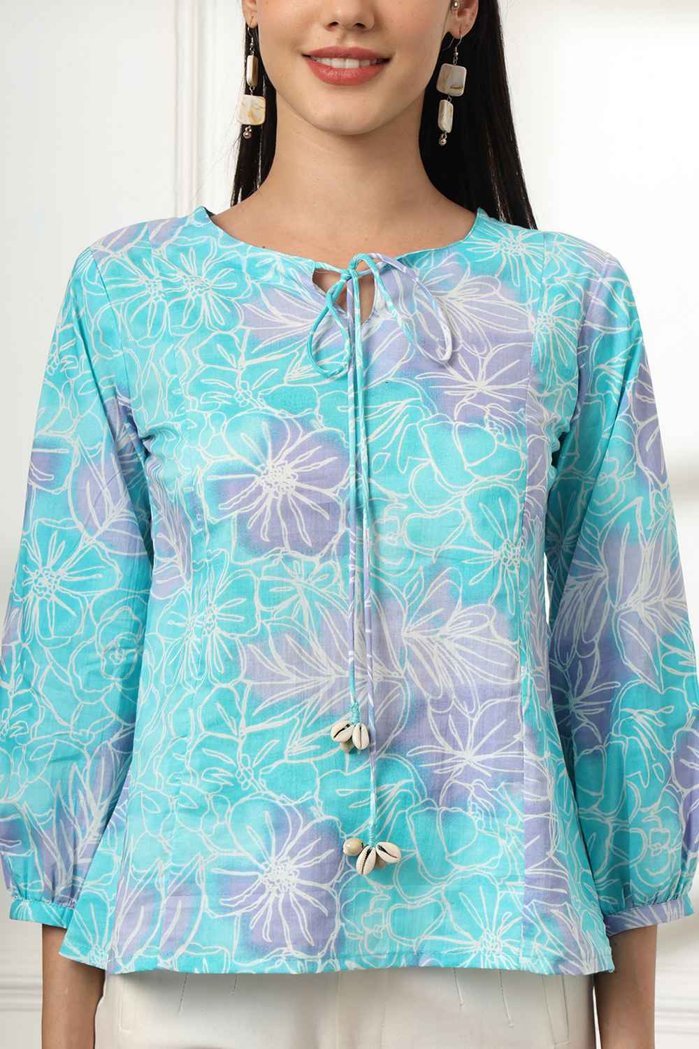 Blue Floral Print Pure Cotton Top