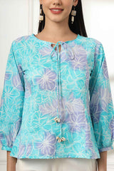 Blue Floral Print Pure Cotton Top