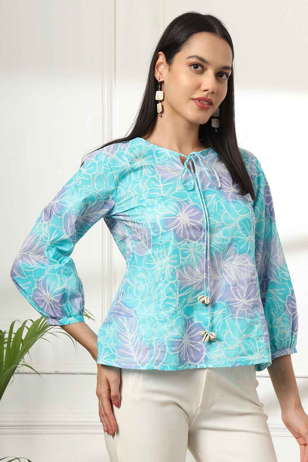 Blue Floral Print Pure Cotton Top