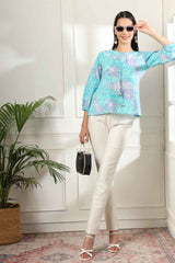 Blue Floral Print Pure Cotton Top