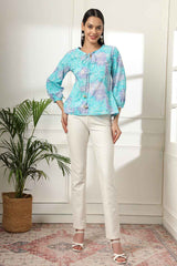 Blue Floral Print Pure Cotton Top