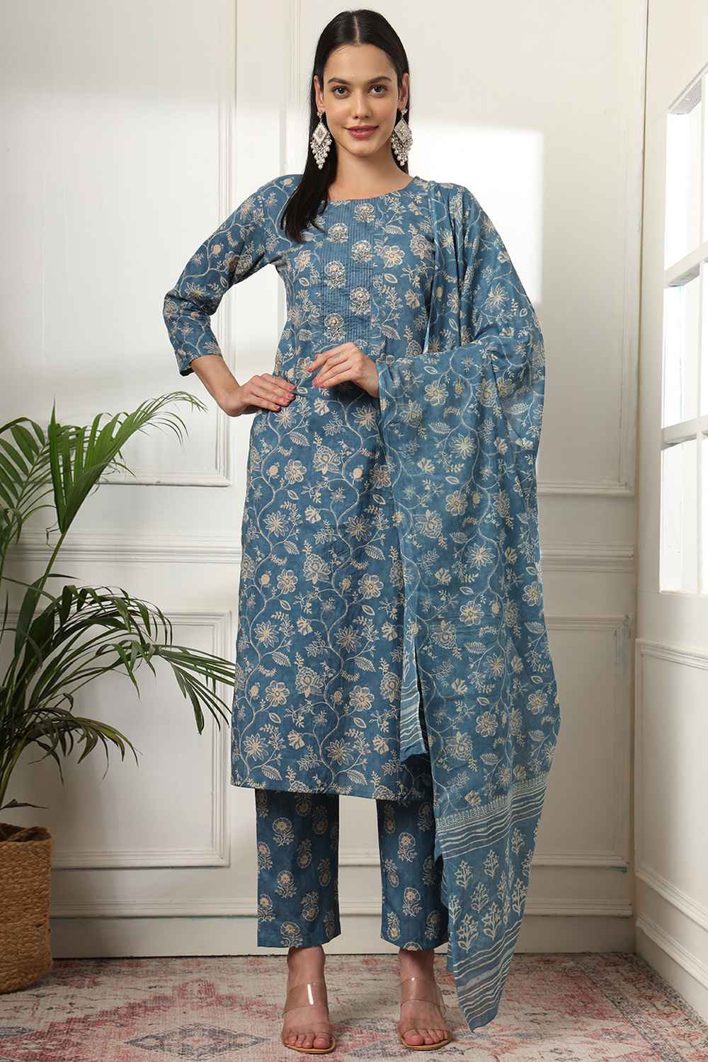 Blue Floral Print Pure Cotton Kurti Set