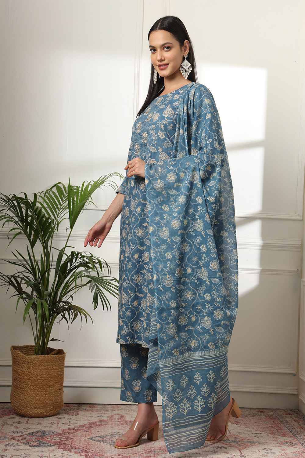 Blue Floral Print Pure Cotton Kurta Set